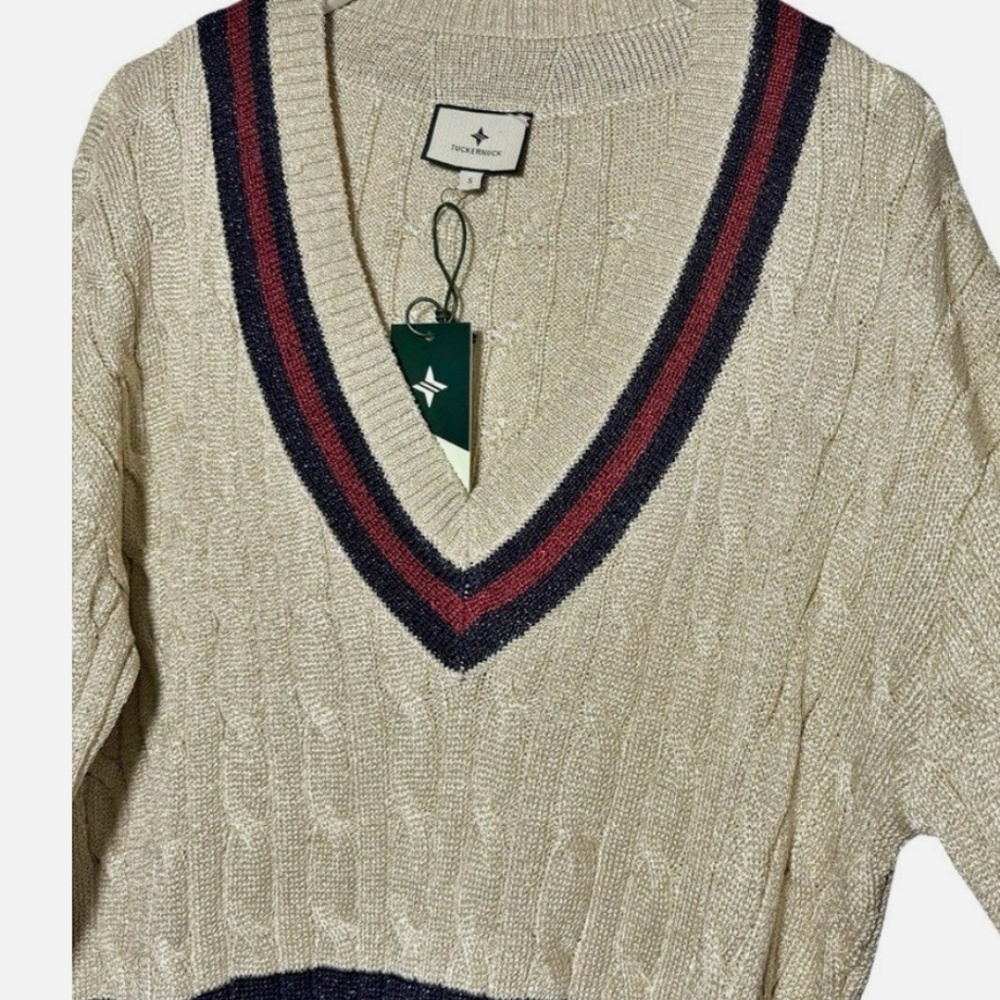 NWT TUCKERNUCK Garnet and Navy Stripe Gold Metallic Morrissey Sweater Size L - Picture 11 of 15